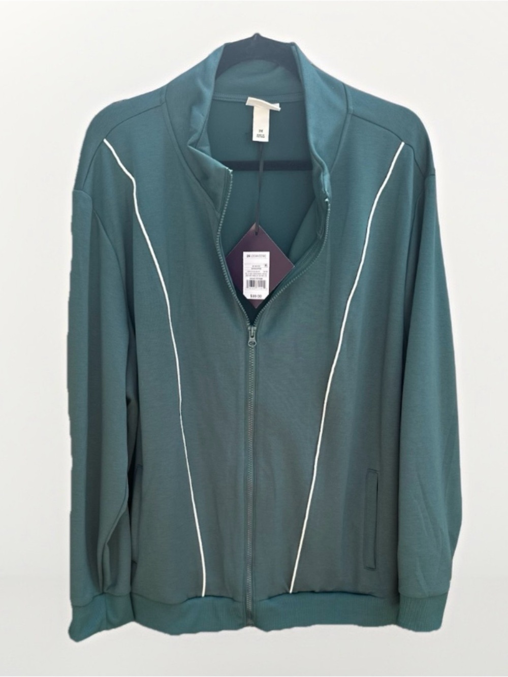 Ava & Viv Womens 2X Full Zip Track Jacket Teal Green White Piping Mock Neck NWT